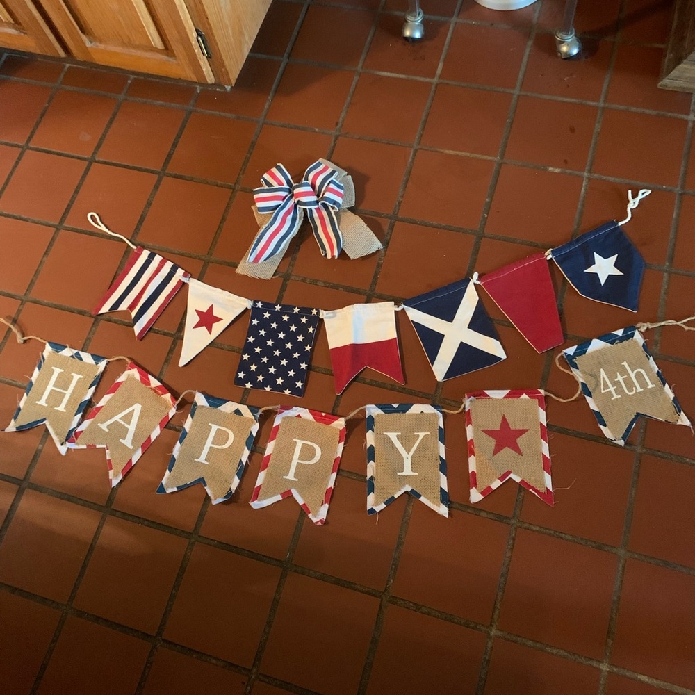 2 Pottery Barn patriotic garlands. JULY 4th and  1 bow. RED, WHITE and BLUE.
